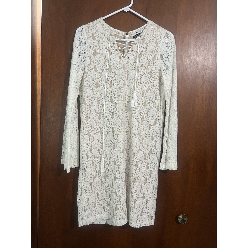 Alison Andrews Ivory Lace Beige Lined Dress Bell Sleeves Festival Hippie Boho S